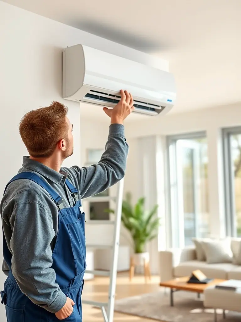 A modern AC unit being installed in a residential home, showcasing the professional installation process by Air Knockout LLC.