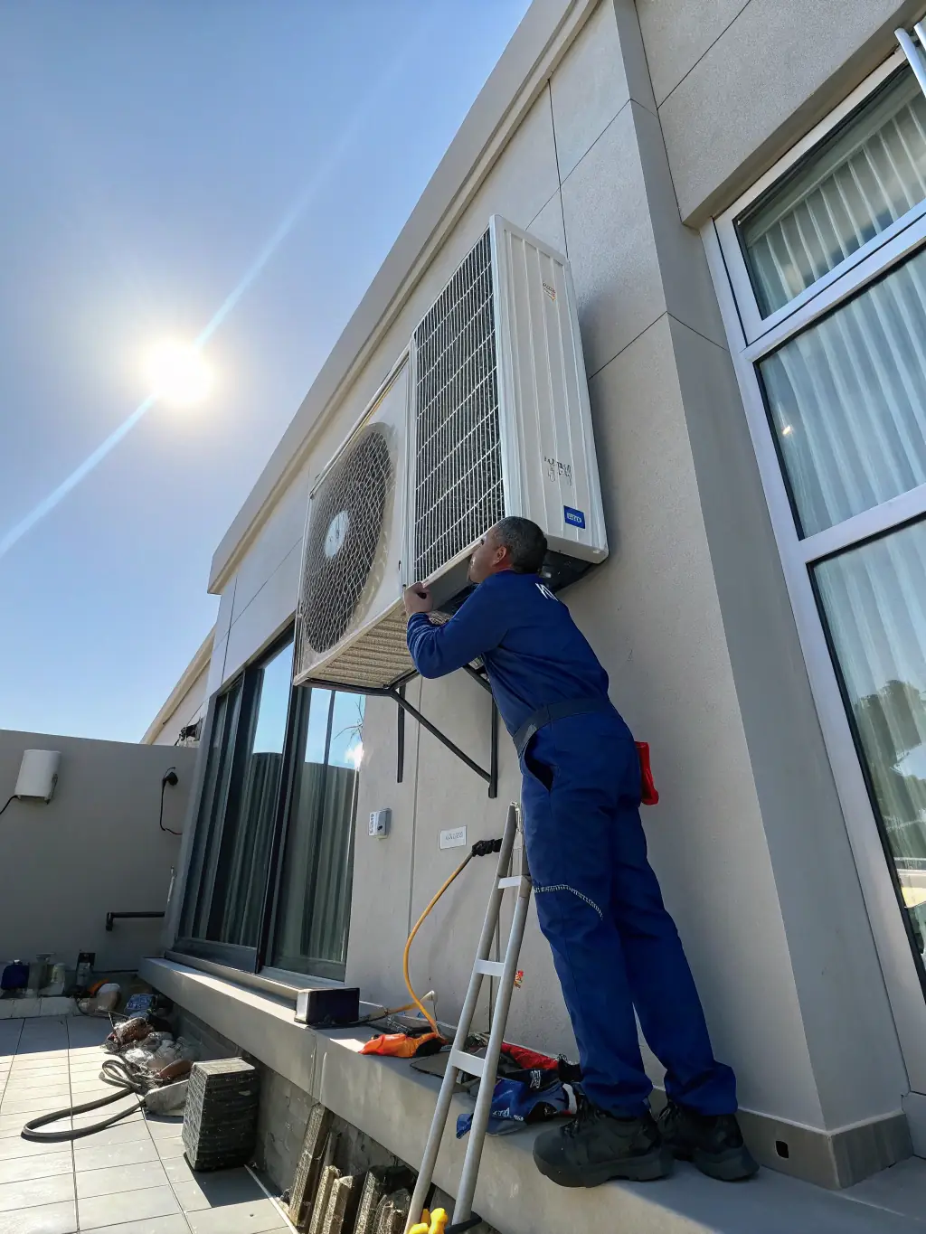 A professional technician installing a new, energy-efficient AC unit in a modern home, ensuring optimal performance and customer satisfaction.
