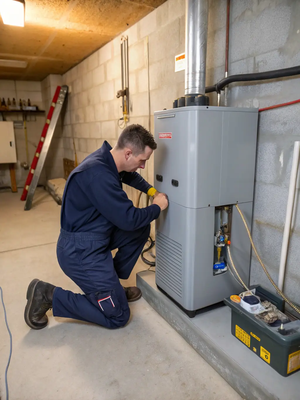 A technician installing a modern furnace in a home, ensuring reliable and efficient heating during the cold months.