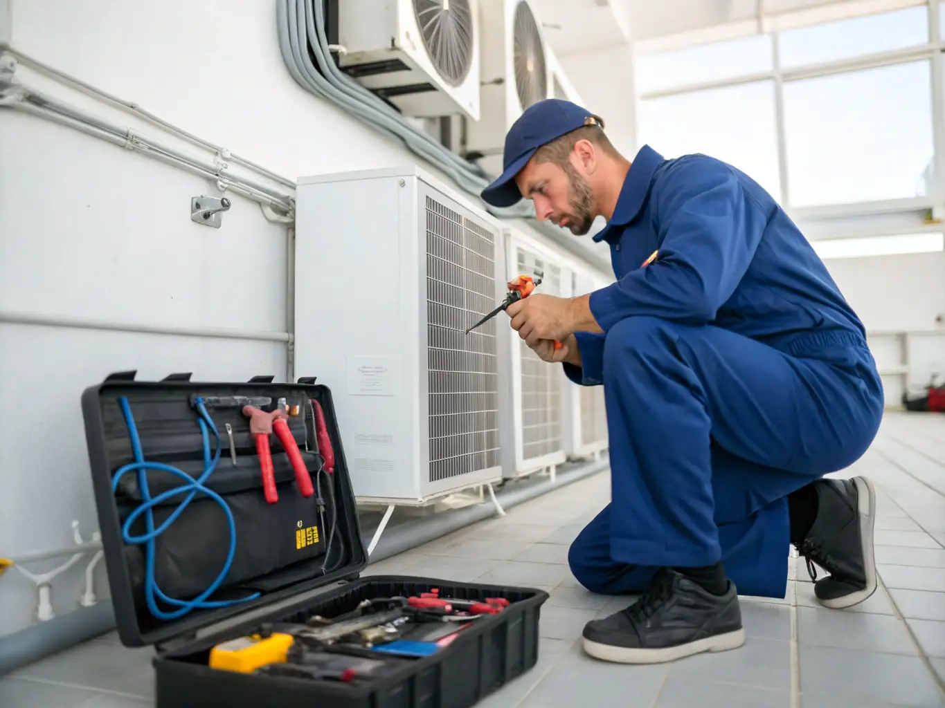 A technician from Air Knockout LLC is performing routine maintenance on a home's heating system, ensuring it is running efficiently and safely. The setting is a clean and organized utility room.