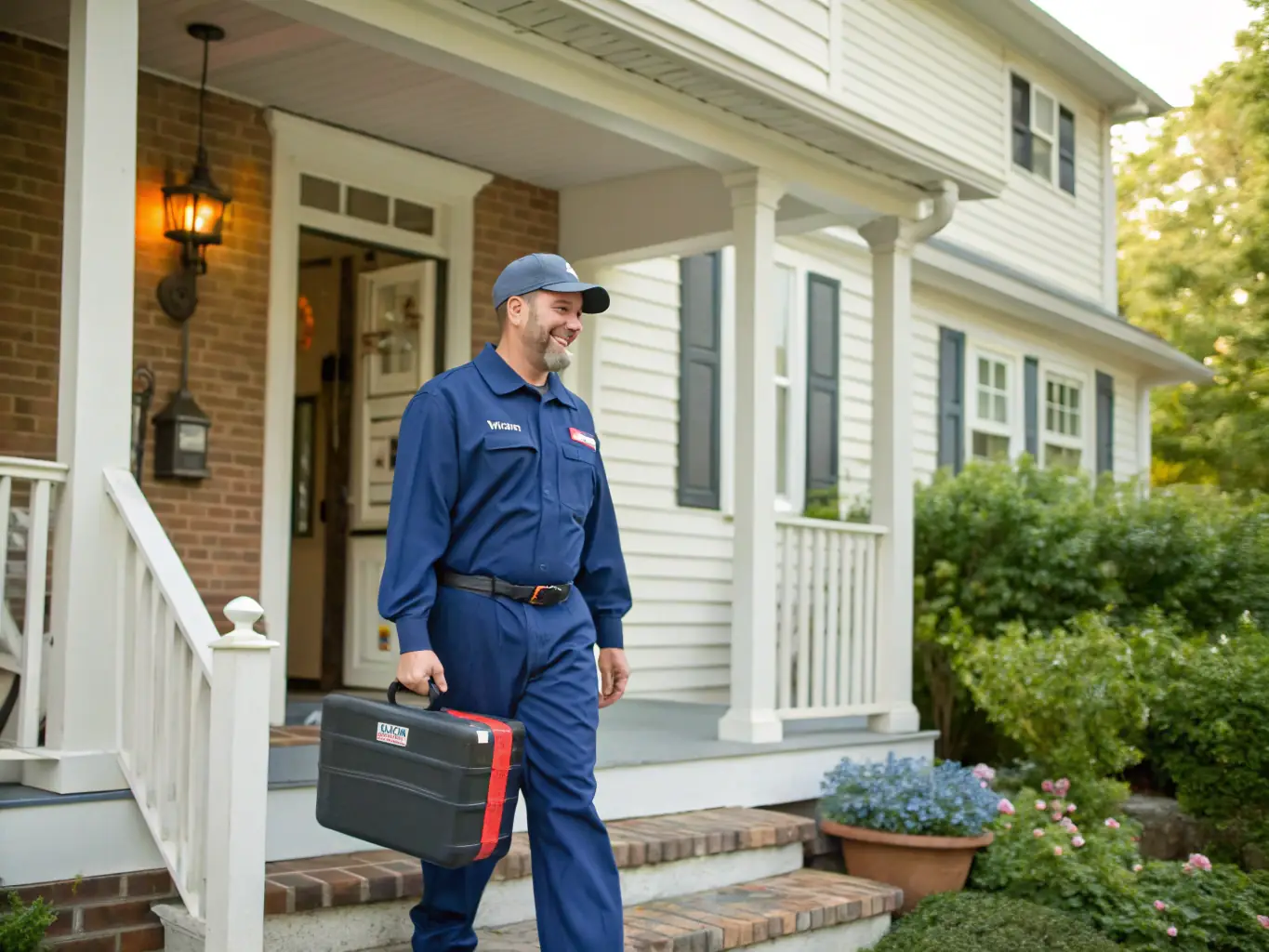 A friendly technician from Air Knockout LLC is shown arriving at a customer's home in a branded van, ready to provide AC repair services. The scene is set during a sunny day, emphasizing reliability and promptness.