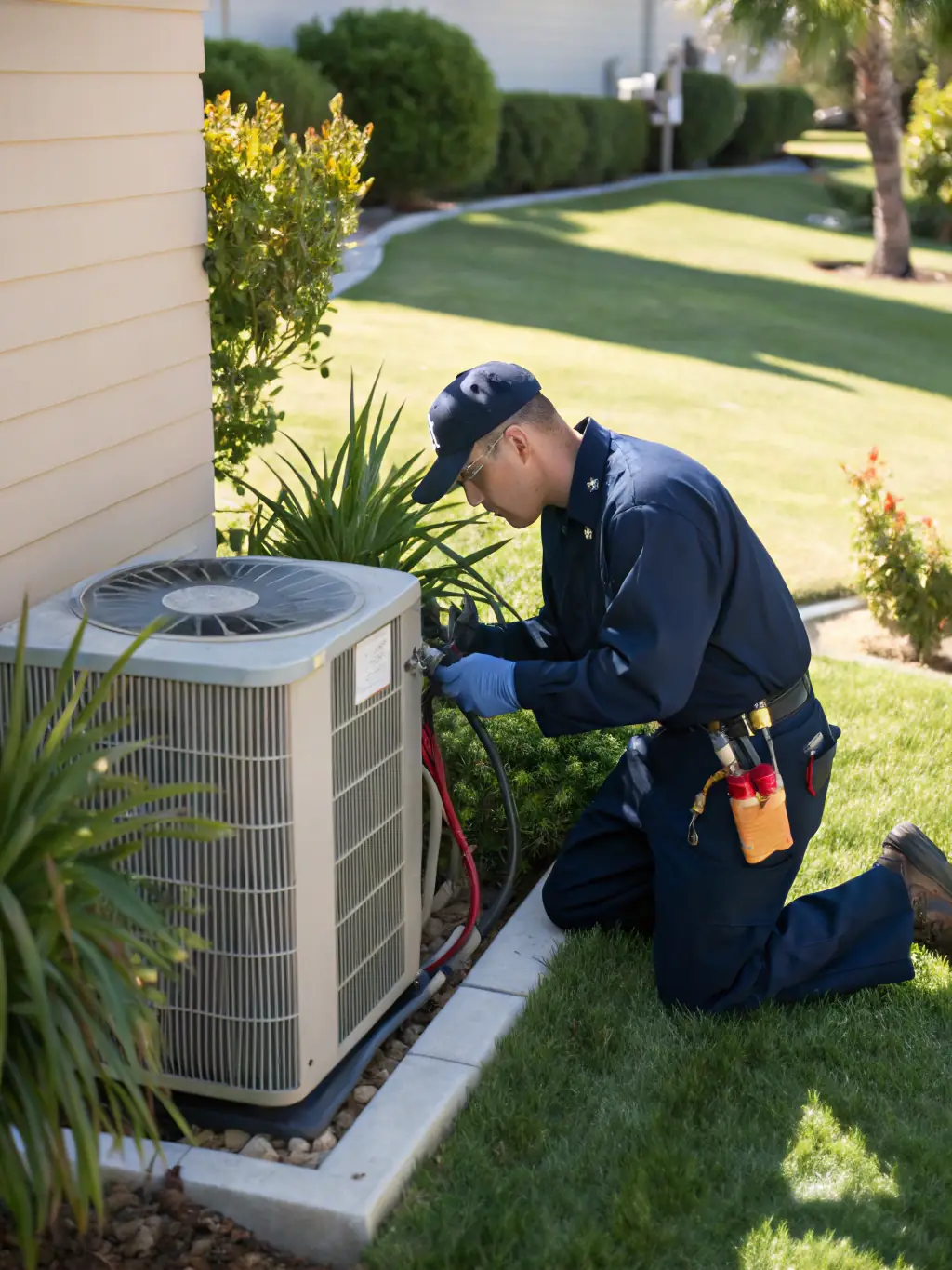 A skilled technician diagnosing and repairing an AC unit outdoors, showcasing Air Knockout LLC's commitment to prompt and effective service.