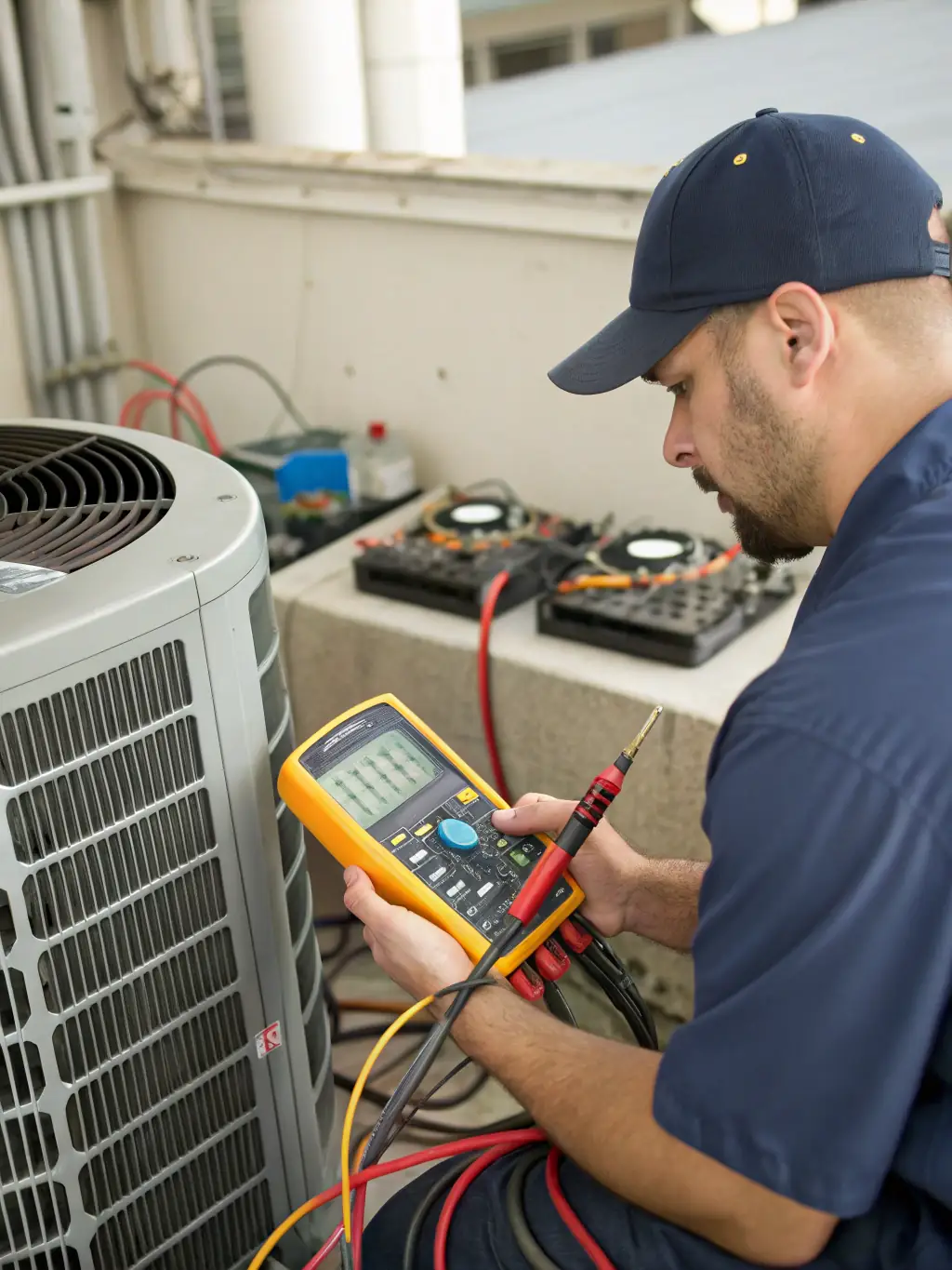 A technician diagnosing an AC unit with specialized tools, highlighting Air Knockout LLC's expertise in AC repair services.